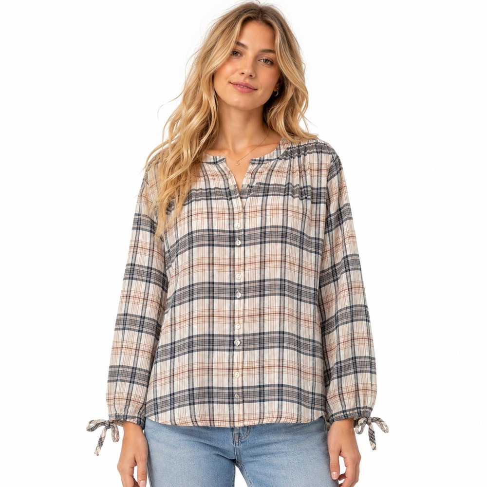 Faherty Everleigh‎ Plaid Long Sleeve 100% Cotton Peasant Blouse Tie Sleeve L NWT
